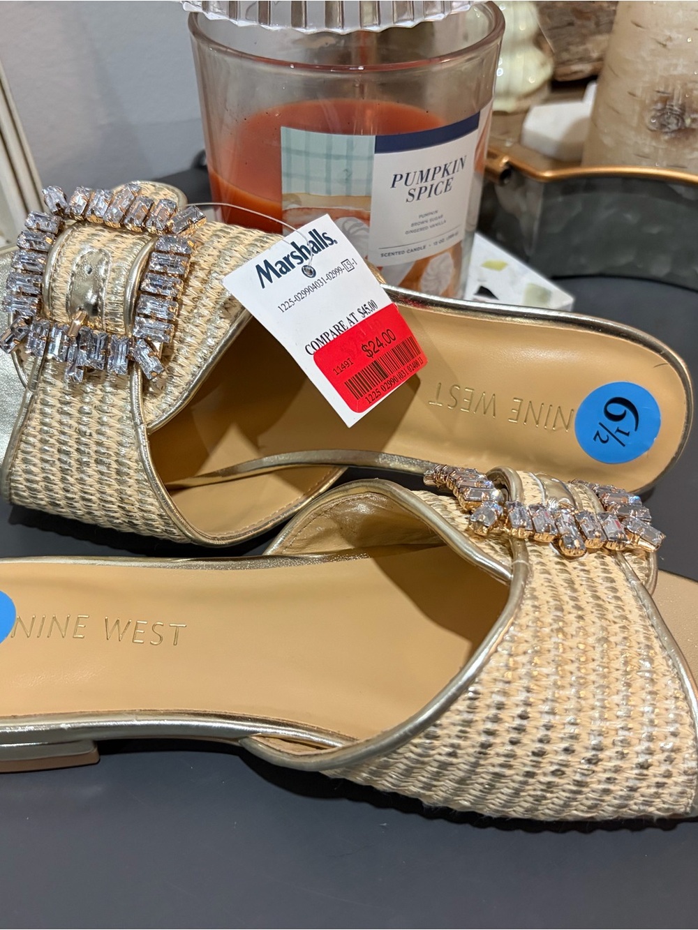 Nine West Gold Woven Slide Mules with Crystal Buckle